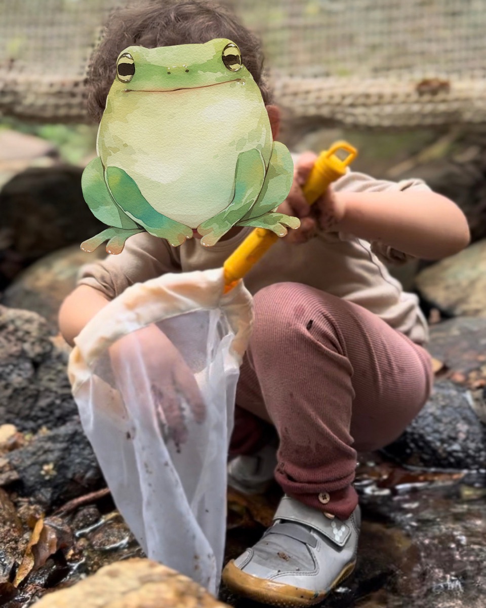 A child crouching on stream rocks with a net
